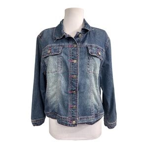 Vintage Y2K Lilly Pulitzer Medium Jean Jacket Denim Blue Pink Stretch Pockets